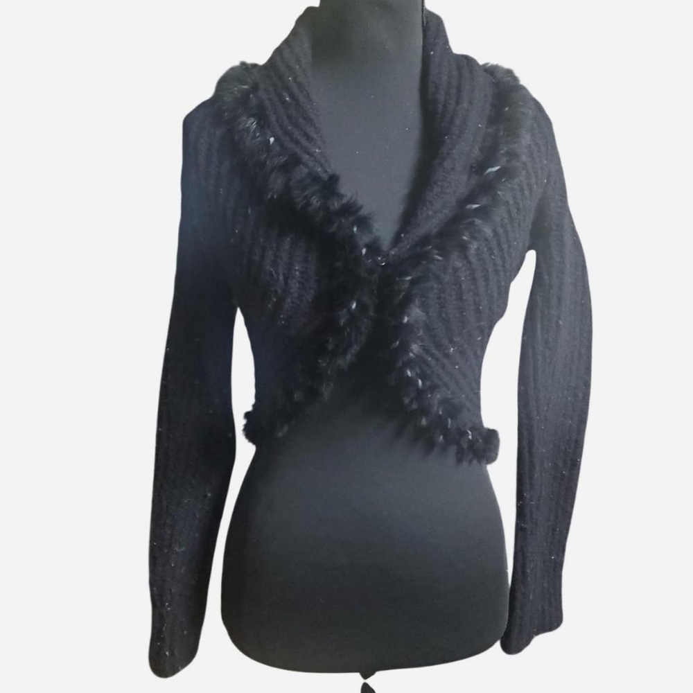 Vntg Knit Cardigan Sweater XS Black Fur Wool Lining Moda International Cropped